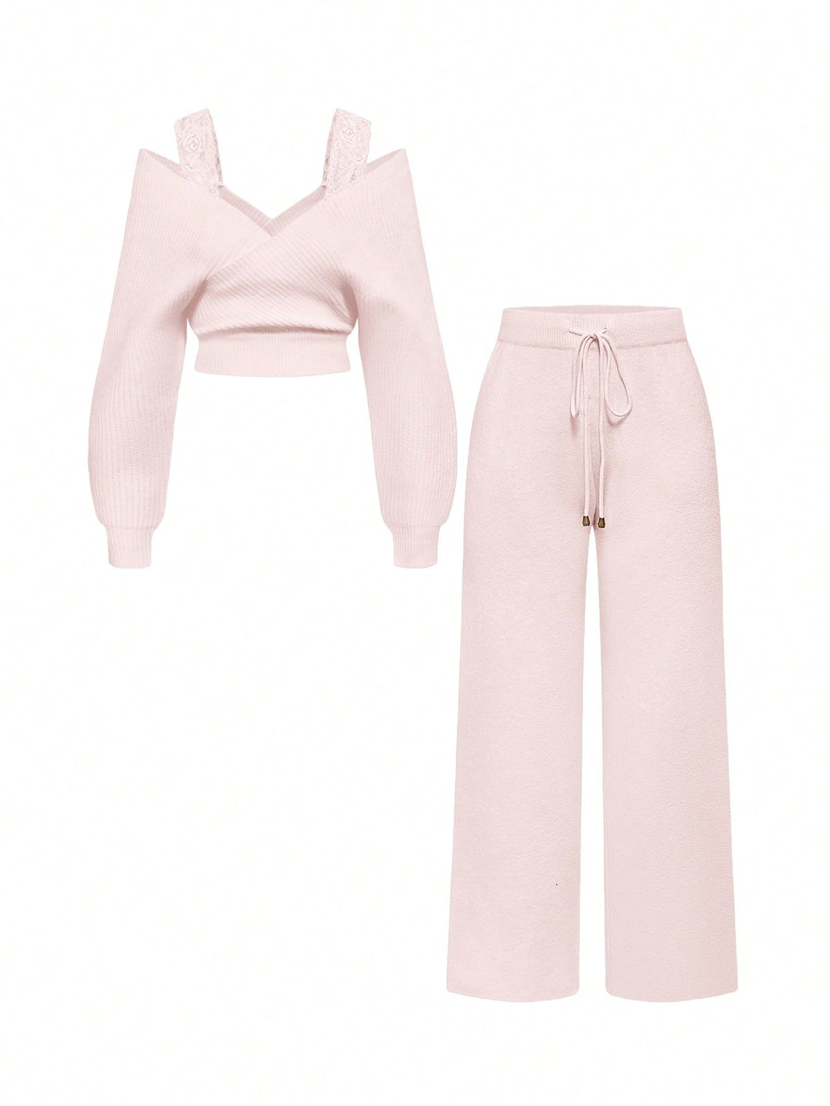 Women's two-piece rib-knit sweater set featuring a long-sleeve cold-shoulder crop top with strap details and matching wide-leg pants.