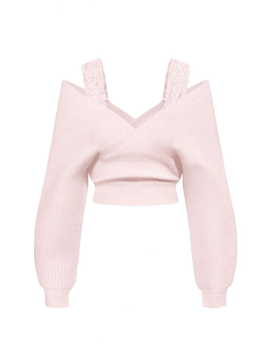 Women's two-piece rib-knit sweater set featuring a long-sleeve cold-shoulder crop top with strap details and matching wide-leg pants.