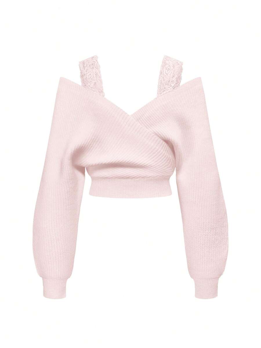 Women's two-piece rib-knit sweater set featuring a long-sleeve cold-shoulder crop top with strap details and matching wide-leg pants.