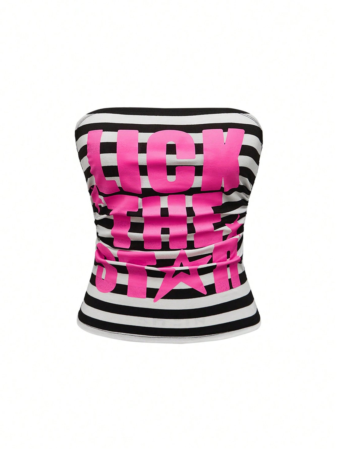Women's Y2K bandeau crop top with ruched detail, slogan lettering, striped pattern, and star print in a strapless sleeveless cropped slim-fit style.