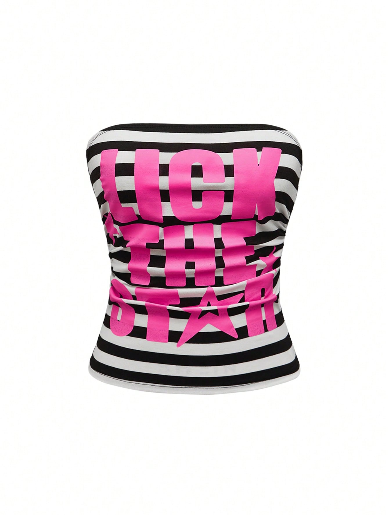 Women's Y2K bandeau crop top with ruched detail, slogan lettering, striped pattern, and star print in a strapless sleeveless cropped slim-fit style.