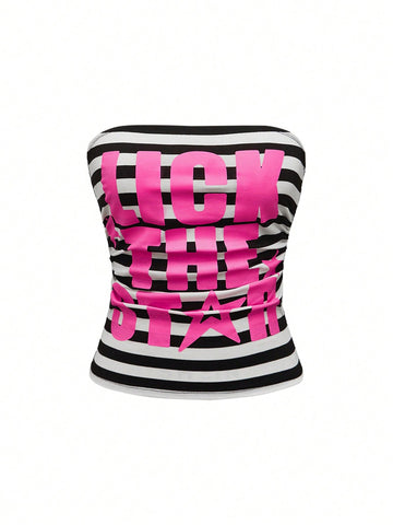 Women's Y2K bandeau crop top with ruched detail, slogan lettering, striped pattern, and star print in a strapless sleeveless cropped slim-fit style.