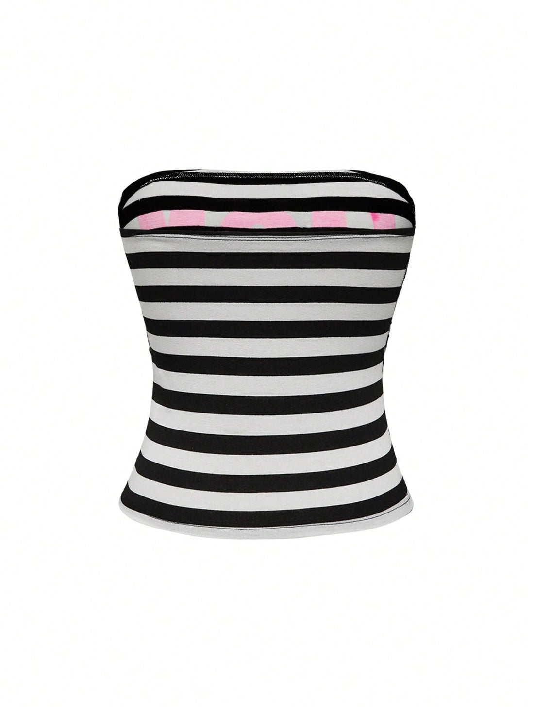 Women's Y2K bandeau crop top with ruched detail, slogan lettering, striped pattern, and star print in a strapless sleeveless cropped slim-fit style.