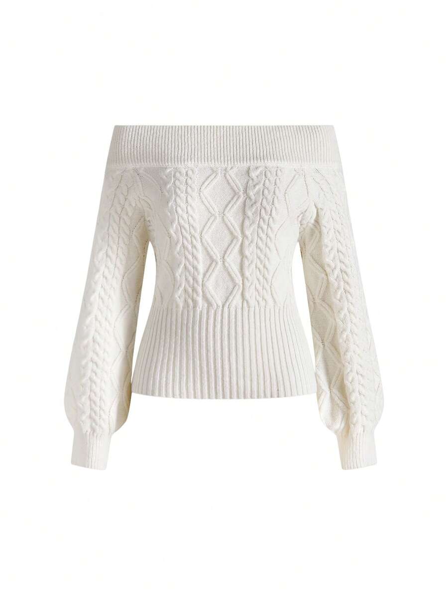 Women's off-the-shoulder rib-knit pullover sweater with three-quarter sleeves in a casual regular fit.