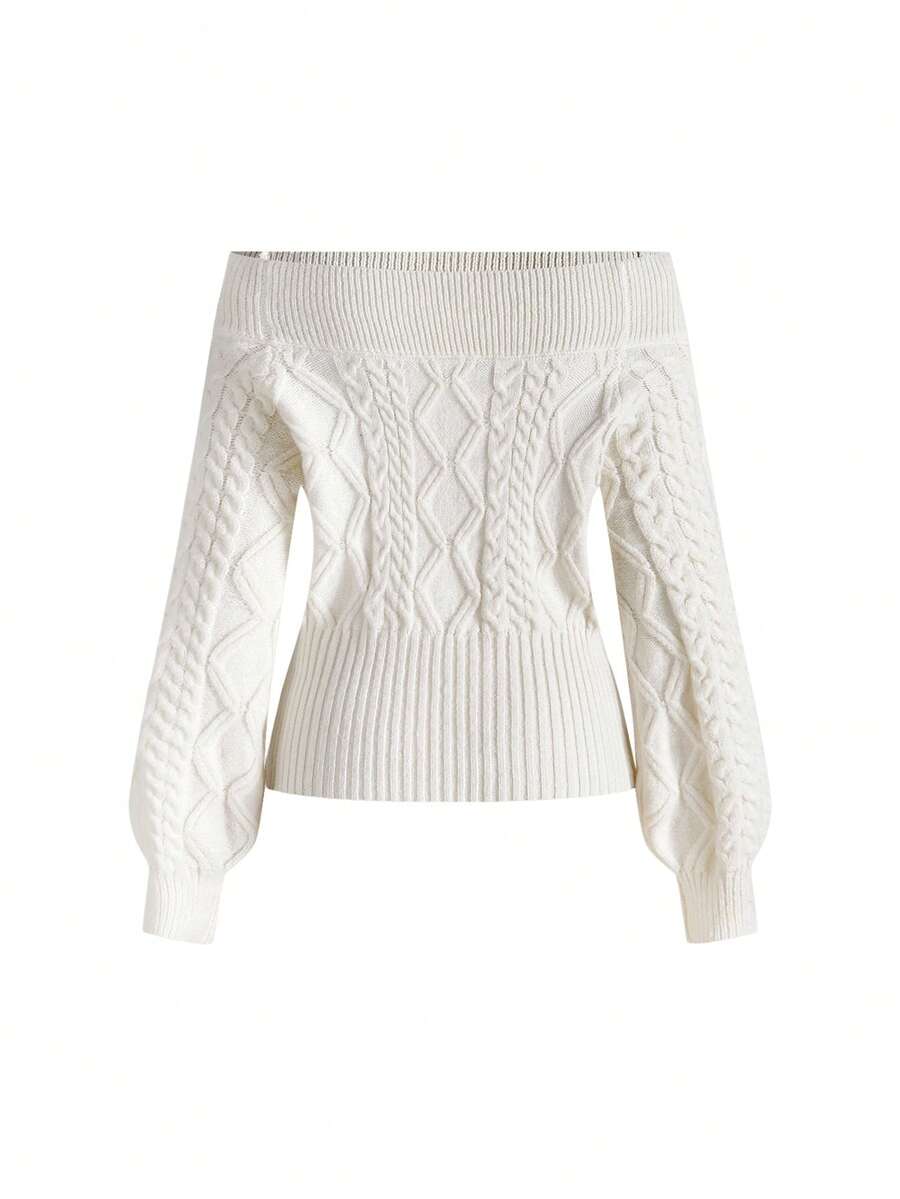 Women's off-the-shoulder rib-knit pullover sweater with three-quarter sleeves in a casual regular fit.