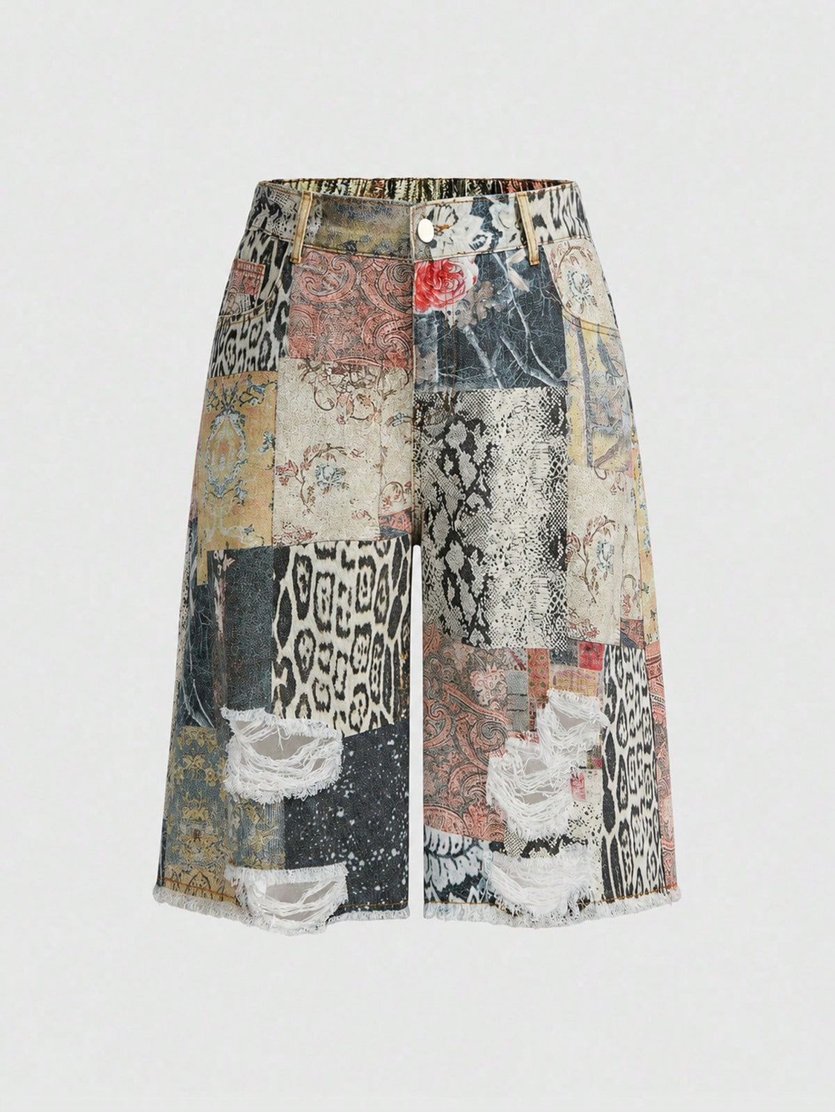 Women's loose wide-leg denim Bermuda shorts featuring vintage animal and paisley print with pockets and zipper fly.