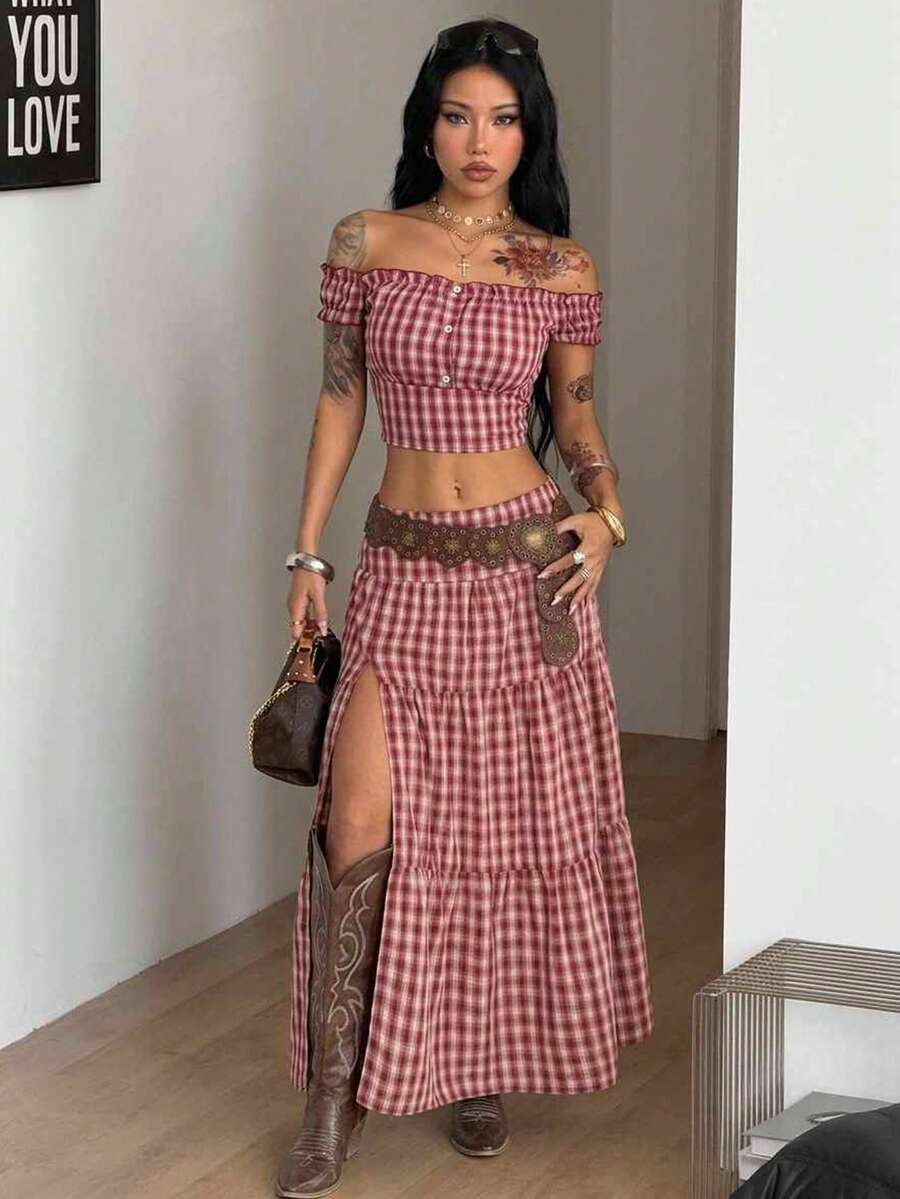 Red and white plaid off-the-shoulder crop top for women featuring puff cap sleeves, frill trim, and a fitted hem.