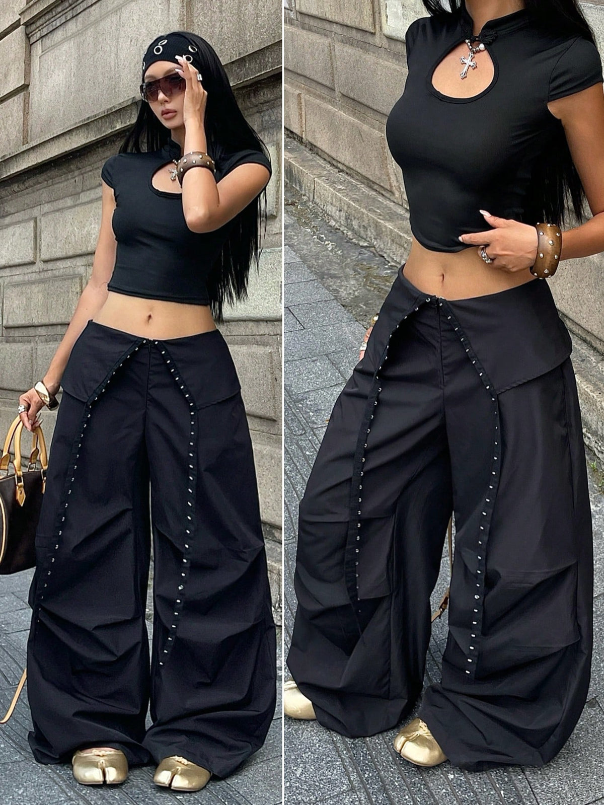 Women's low rise parachute cargo pants featuring a loose straight leg cut, functional pockets, zipper fly, and subtle studded accents.