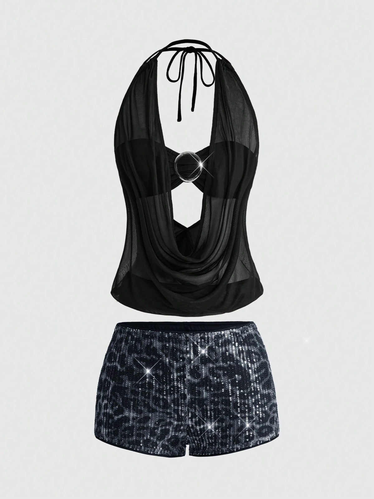 Women's two-piece outfit with a sleeveless halter cowl neck backless crop camisole, tie-back detail, bandeau inner, and leopard print shorts.