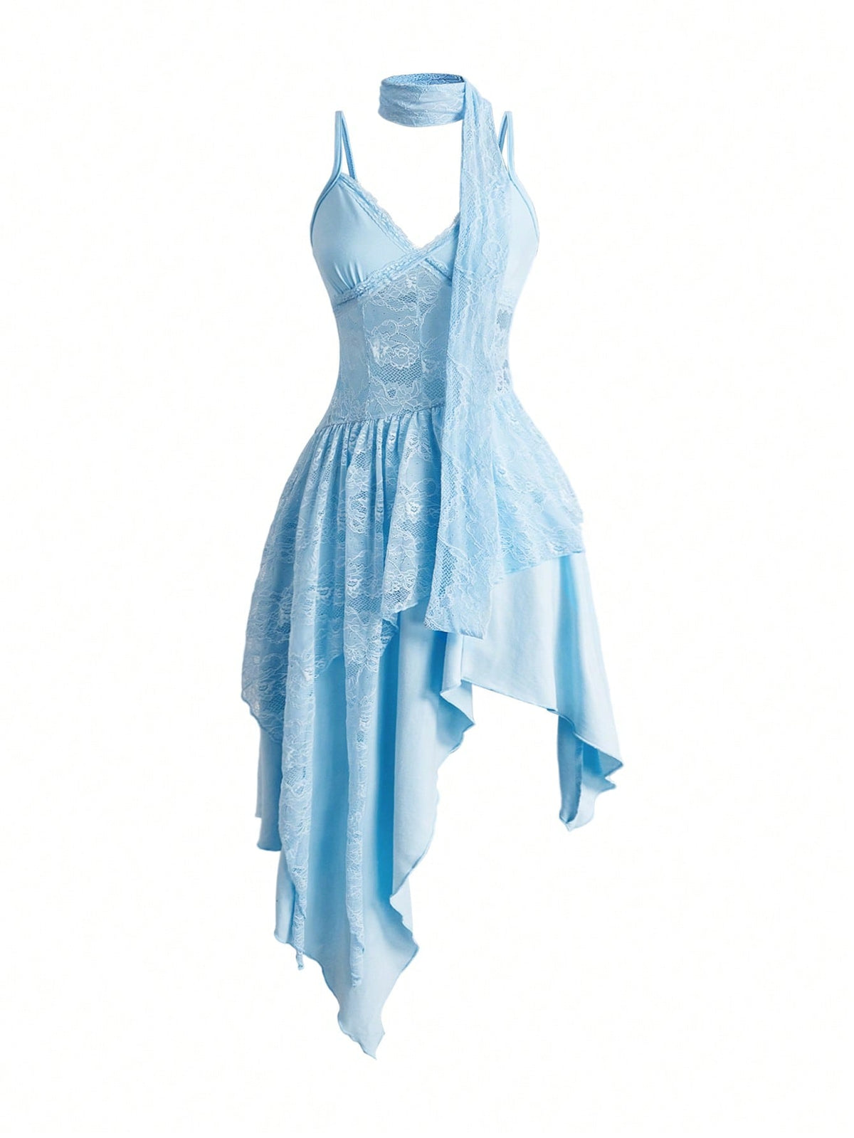 Lace patchwork asymmetrical hem layered midi dress for women featuring cami straps and slim fit high waist.