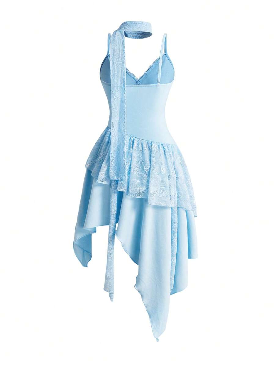 Lace patchwork asymmetrical hem layered midi dress for women featuring cami straps and slim fit high waist.