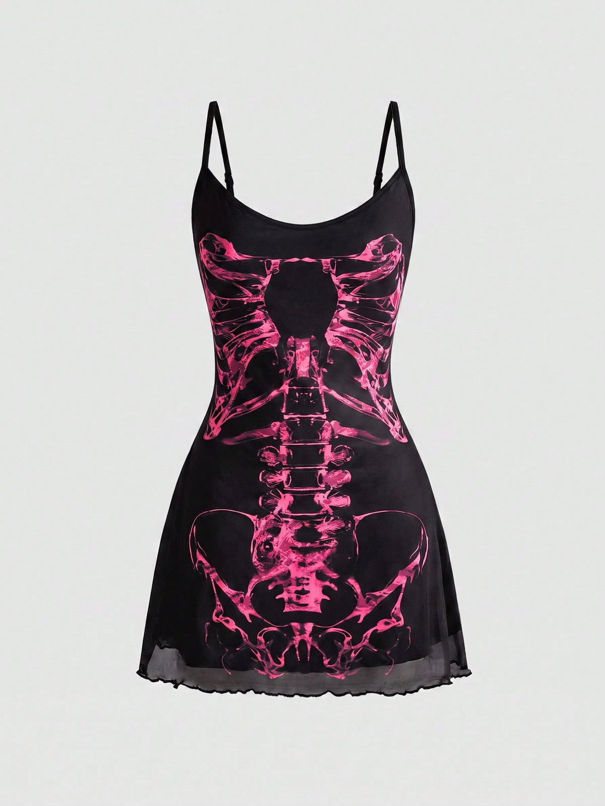 Women's black gothic retro romantic skeleton print sleeveless cami mini dress featuring spaghetti straps, ruched detailing, and a lettuce trim pencil hem.