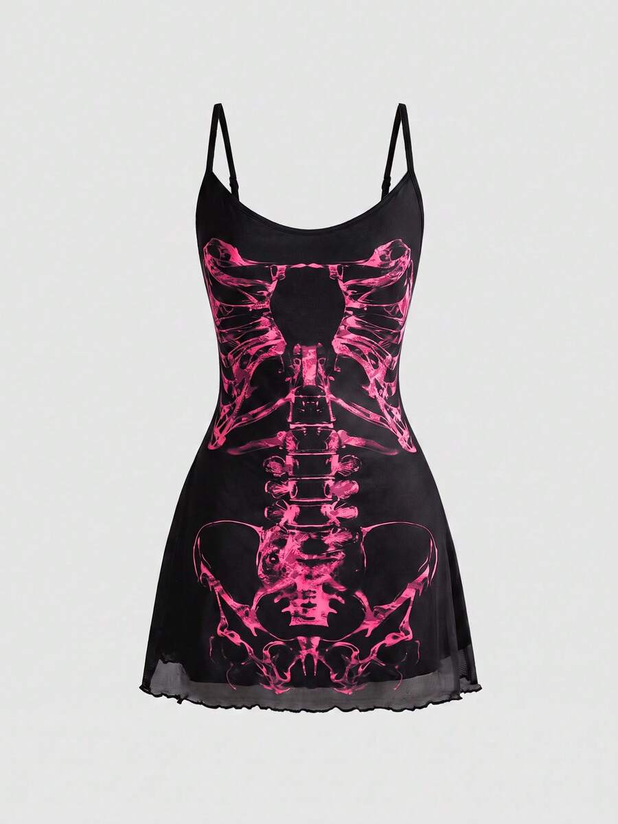 Women's black gothic retro romantic skeleton print sleeveless cami mini dress featuring spaghetti straps, ruched detailing, and a lettuce trim pencil hem.