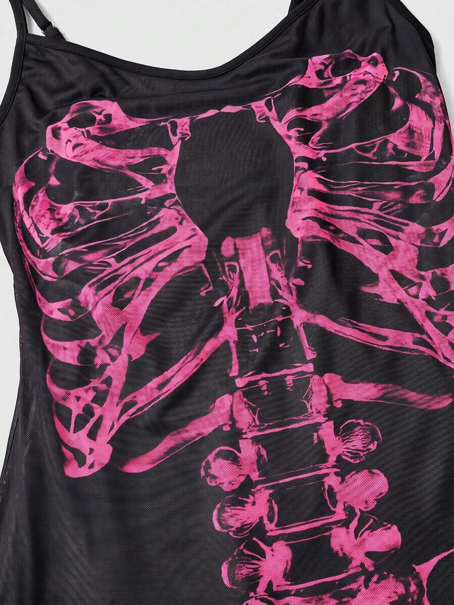 Women's black gothic retro romantic skeleton print sleeveless cami mini dress featuring spaghetti straps, ruched detailing, and a lettuce trim pencil hem.
