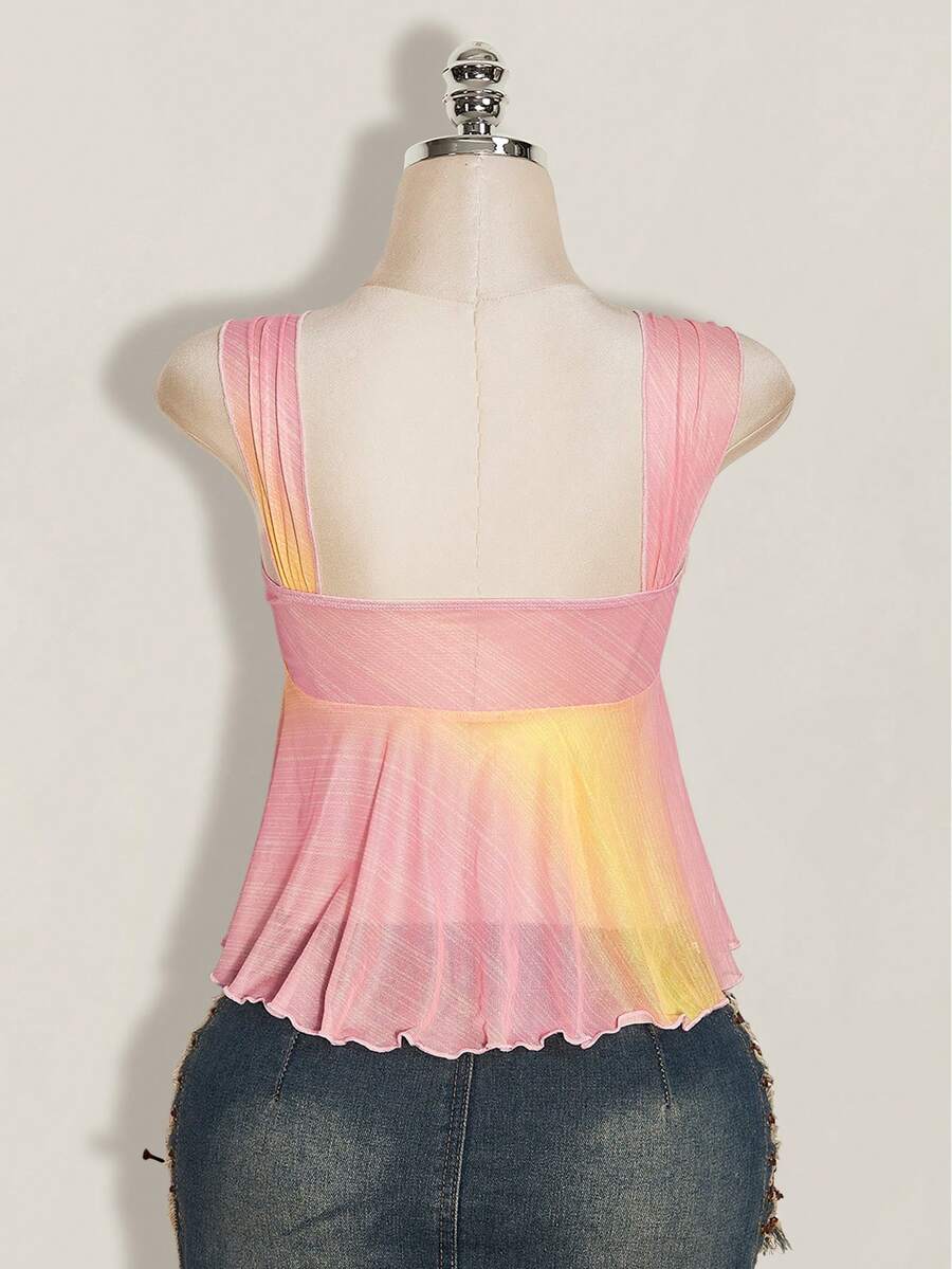Women's pink semi-sheer mesh camisole with straps, slim fit, asymmetrical ruffle hem, drawstring, and knot details