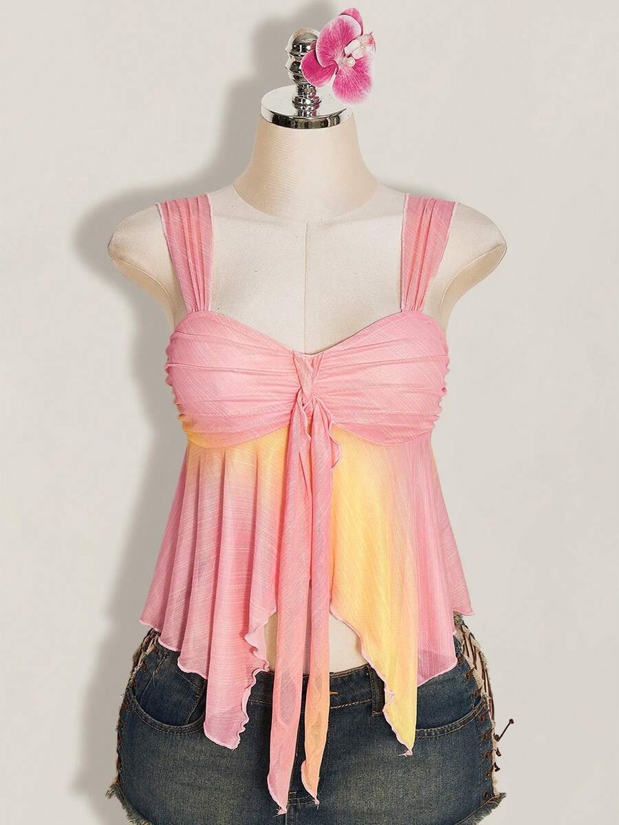 Women's pink semi-sheer mesh camisole with straps, slim fit, asymmetrical ruffle hem, drawstring, and knot details