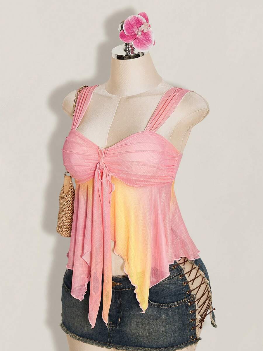 Women's pink semi-sheer mesh camisole with straps, slim fit, asymmetrical ruffle hem, drawstring, and knot details
