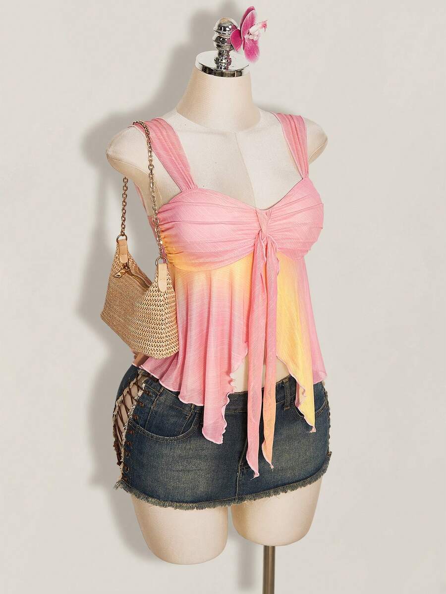 Women's pink semi-sheer mesh camisole with straps, slim fit, asymmetrical ruffle hem, drawstring, and knot details