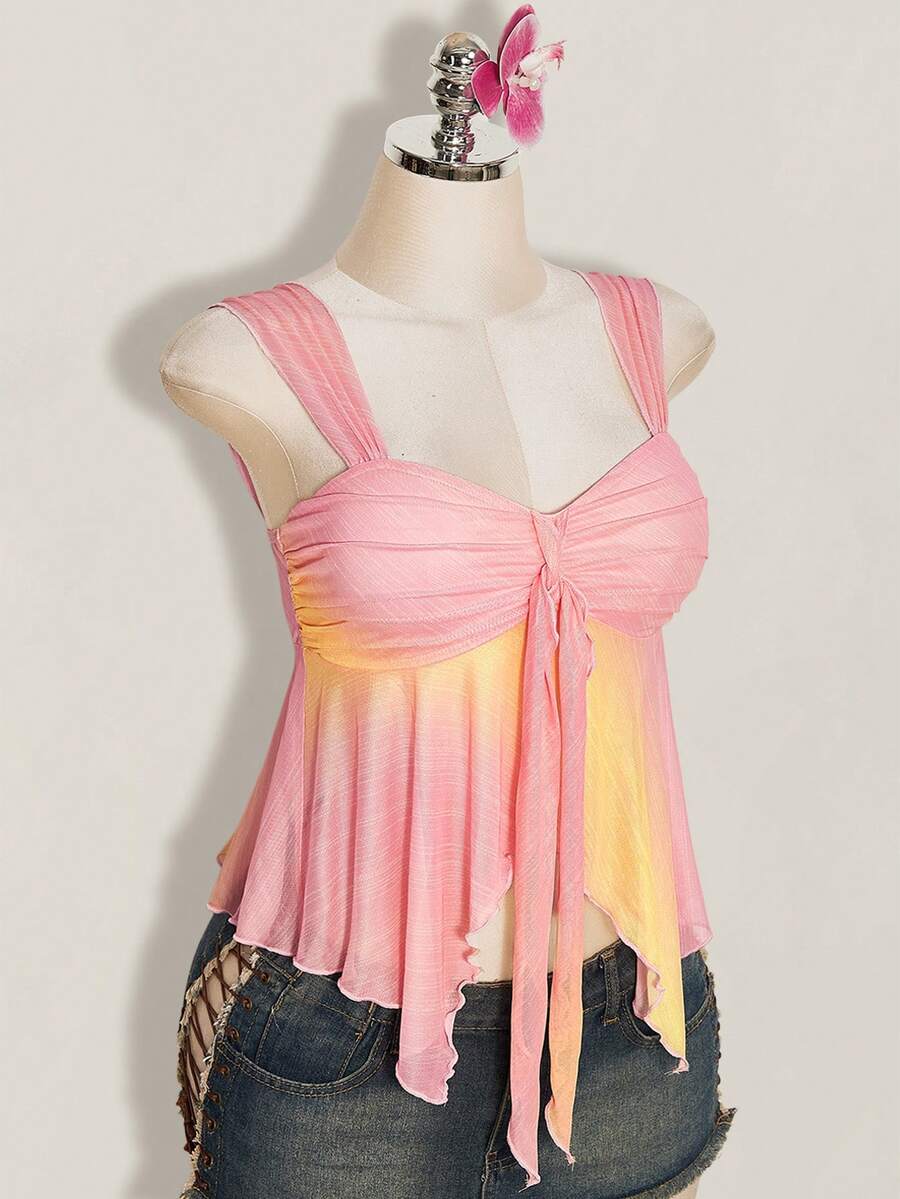 Women's pink semi-sheer mesh camisole with straps, slim fit, asymmetrical ruffle hem, drawstring, and knot details