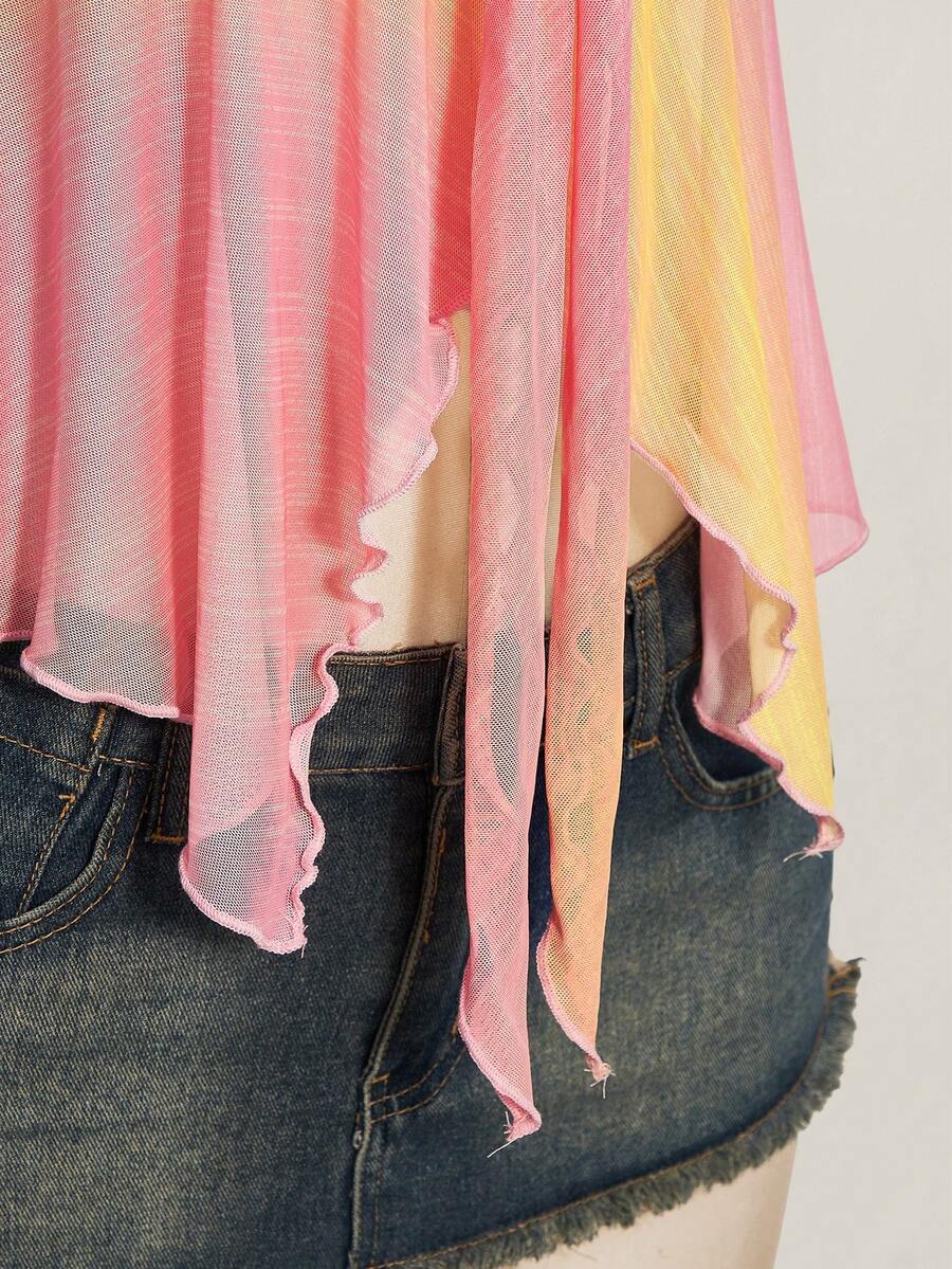 Women's pink semi-sheer mesh camisole with straps, slim fit, asymmetrical ruffle hem, drawstring, and knot details