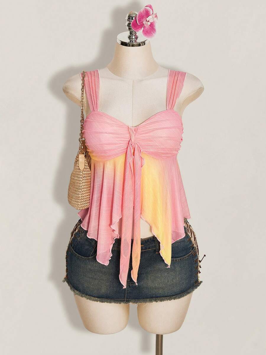 Women's pink semi-sheer mesh camisole with straps, slim fit, asymmetrical ruffle hem, drawstring, and knot details