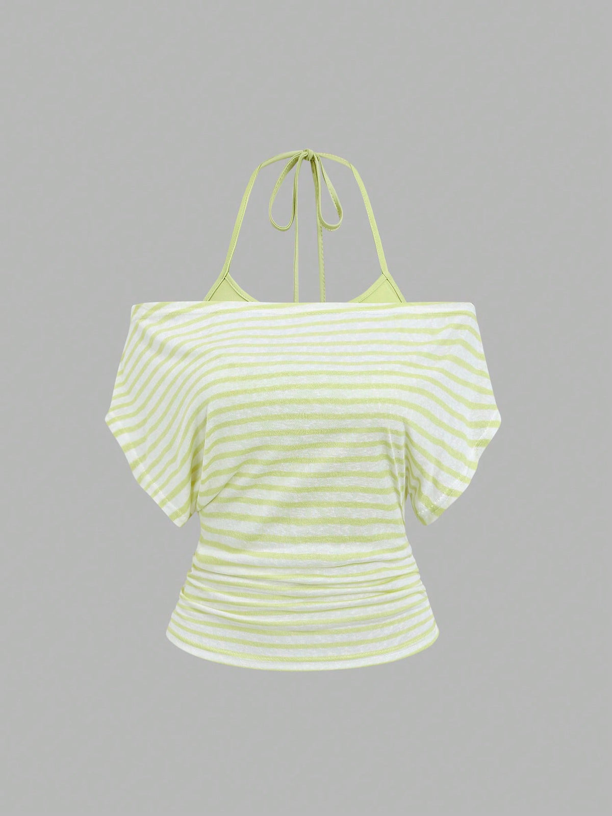 Women's striped tank top featuring an asymmetrical cold shoulder neckline and semi-sheer back.