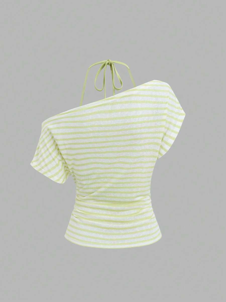 Women's striped tank top featuring an asymmetrical cold shoulder neckline and semi-sheer back.