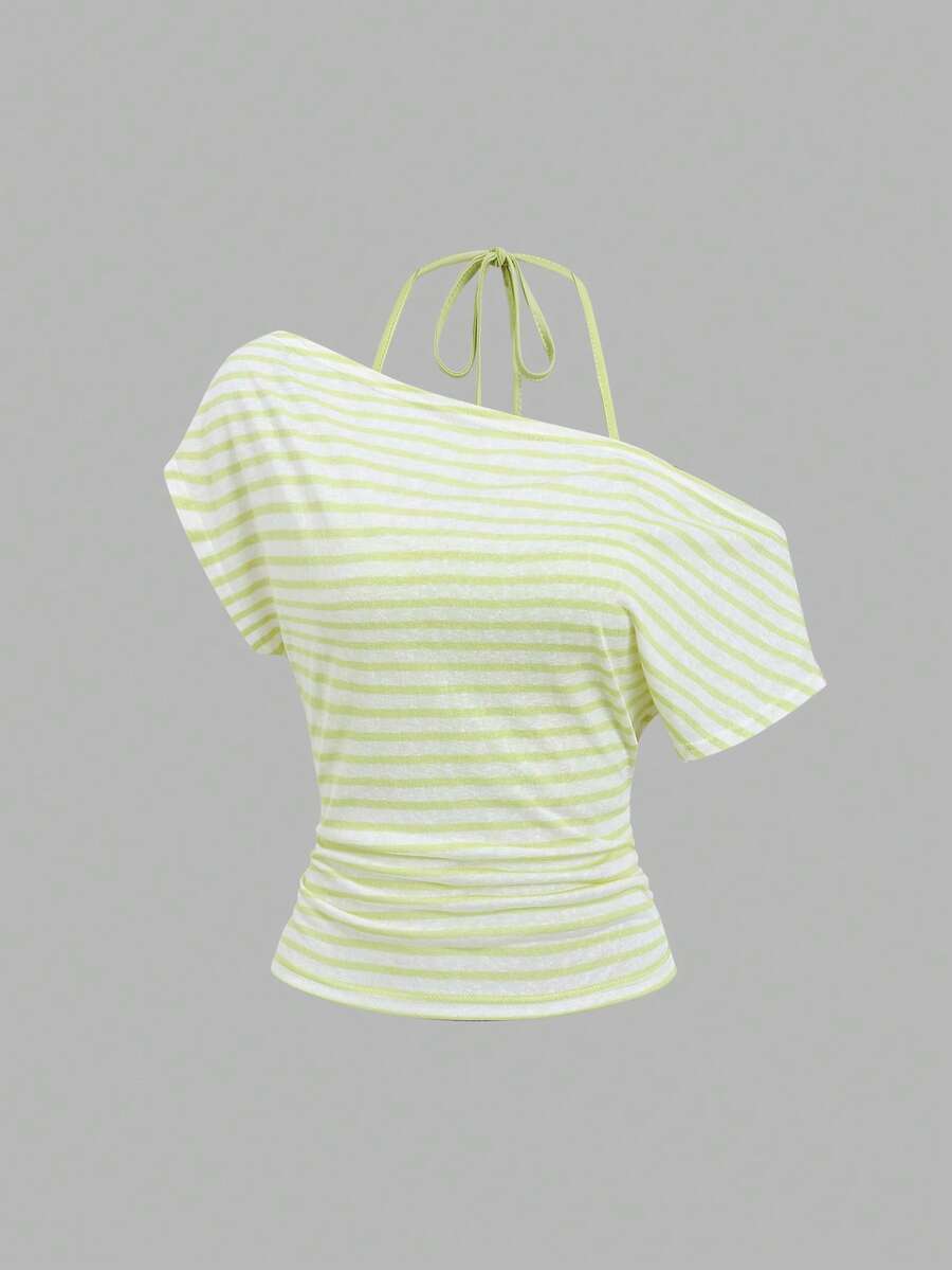 Women's striped tank top featuring an asymmetrical cold shoulder neckline and semi-sheer back.