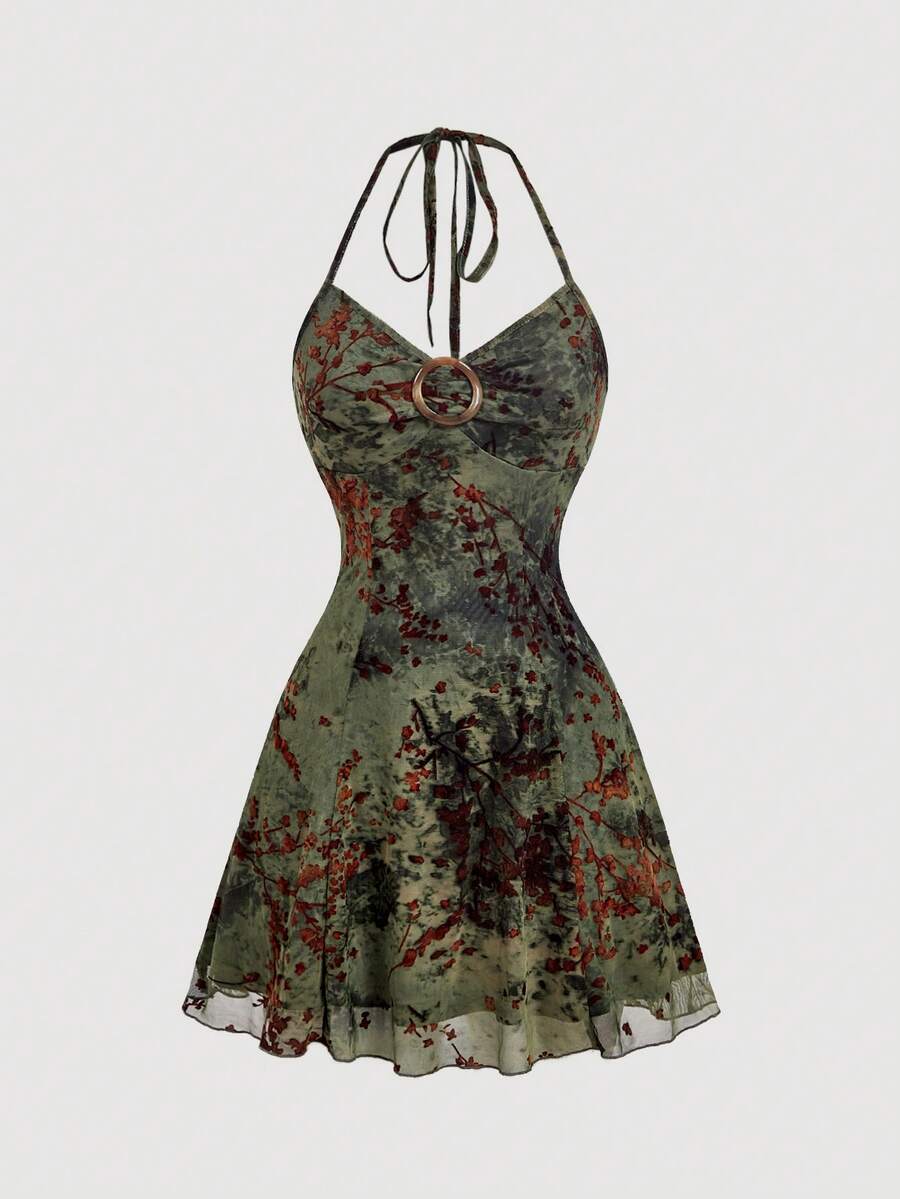 Women's apricot halter mini dress with backless knot and ring detail, sleeveless cami style, flared hem, and boho vacation look