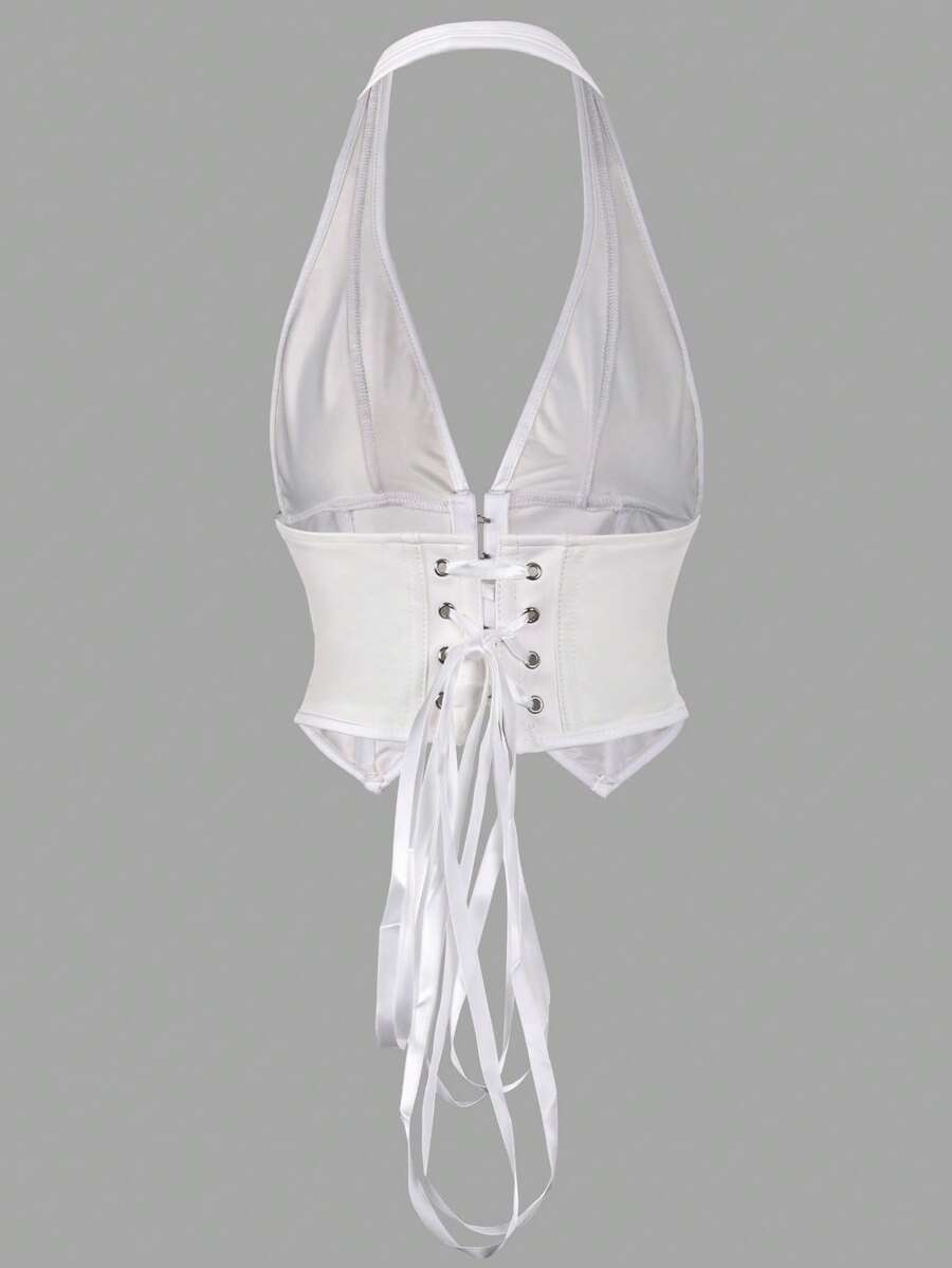 Retro PU halter tank top featuring a deep V-neck, grommet eyelet halter strap, tie back, boned details, and an asymmetrical hem.