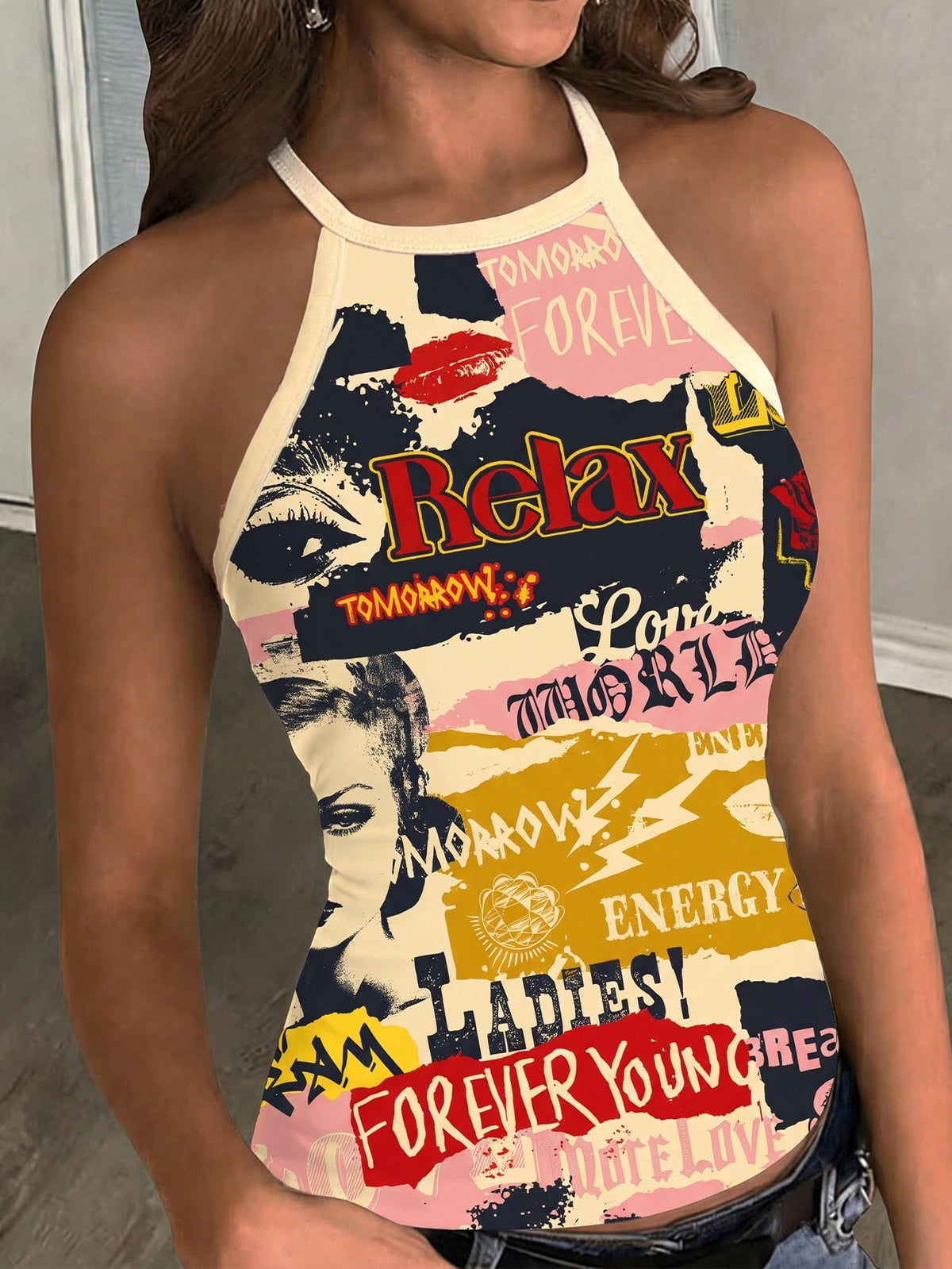 Multicolor women's graphic print halter tank top featuring a round neck, contrast binding, and backless design.