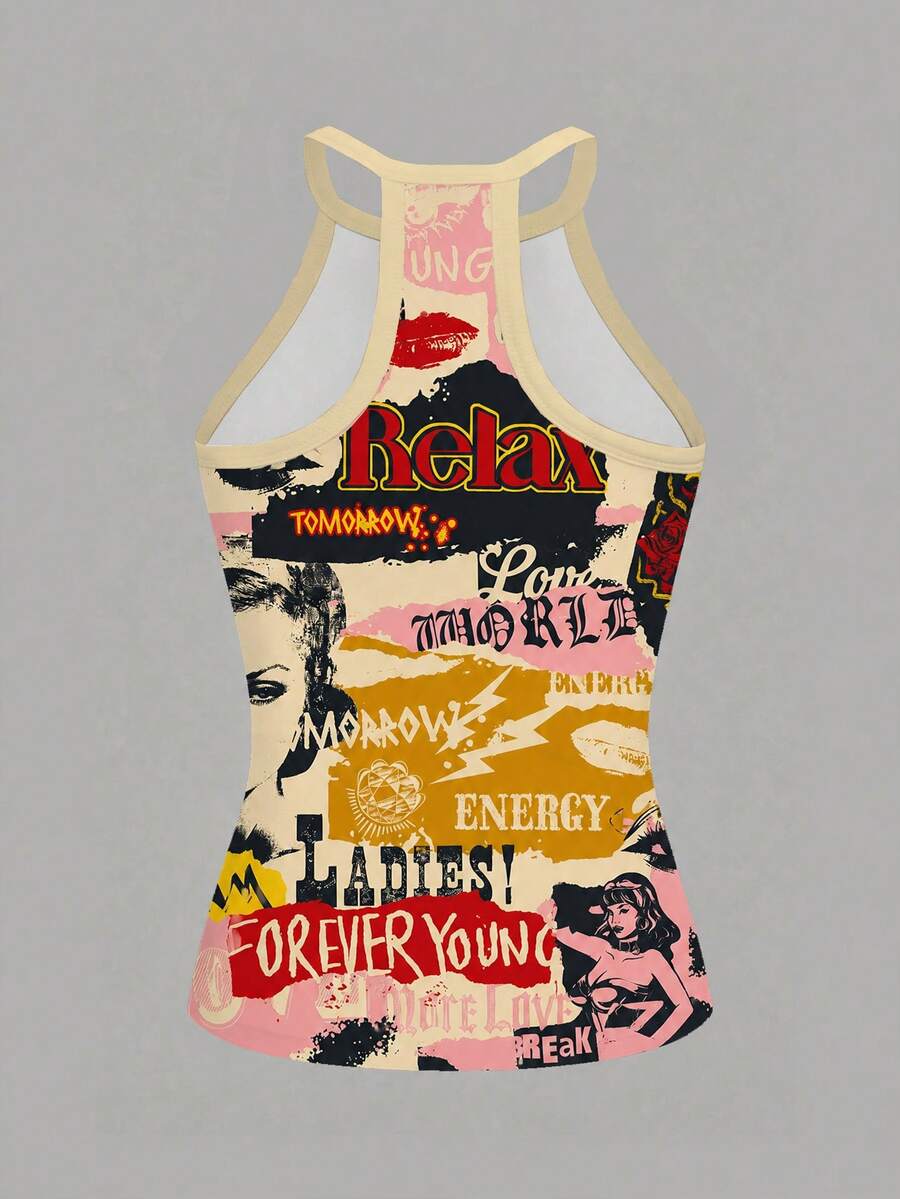 Multicolor women's graphic print halter tank top featuring a round neck, contrast binding, and backless design.