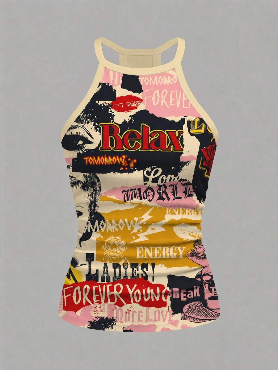 Multicolor women's graphic print halter tank top featuring a round neck, contrast binding, and backless design.
