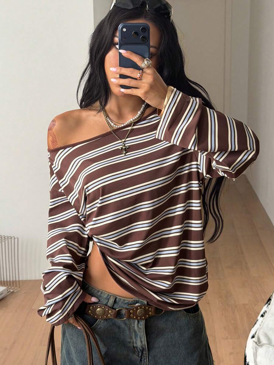 Women's brown striped boat neck long sleeve raglan T-shirt with a loose casual fit