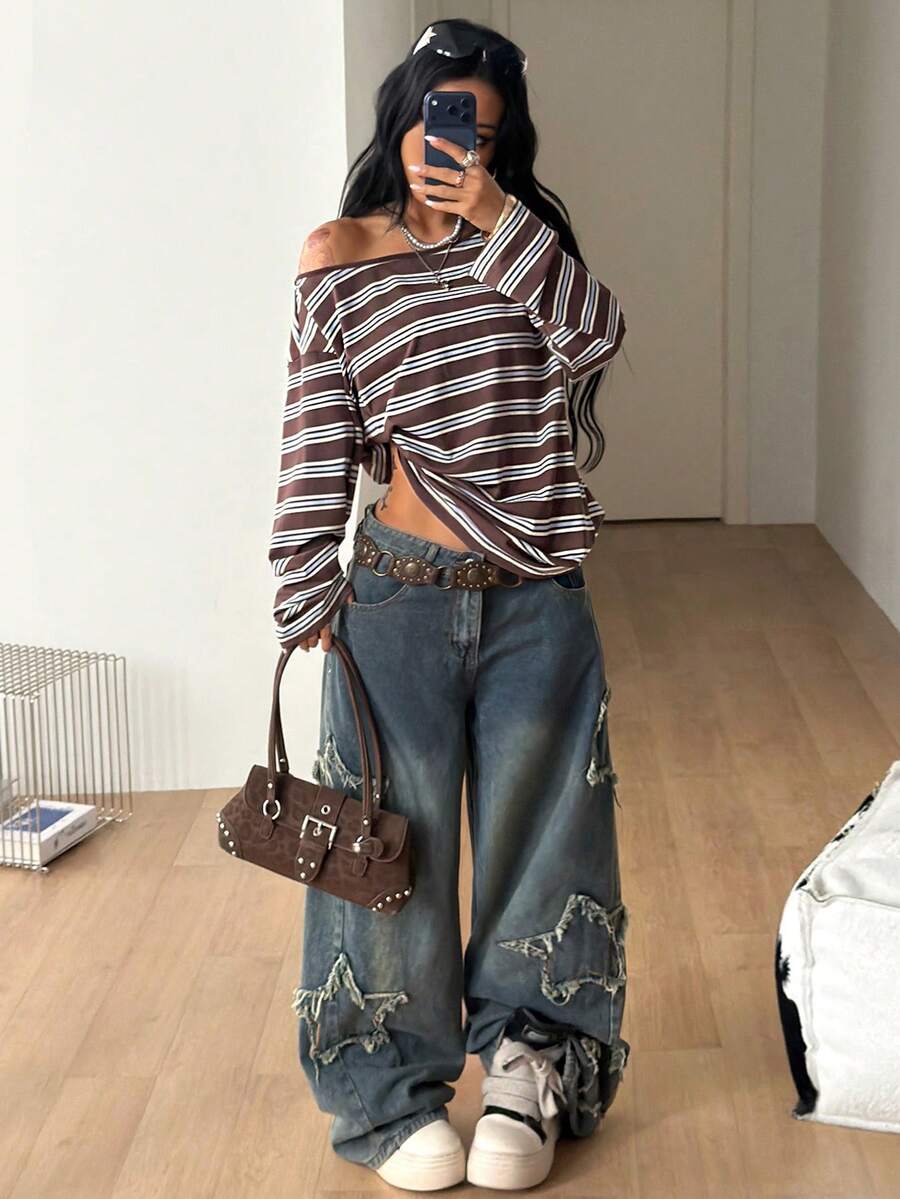 Women's brown striped boat neck long sleeve raglan T-shirt with a loose casual fit