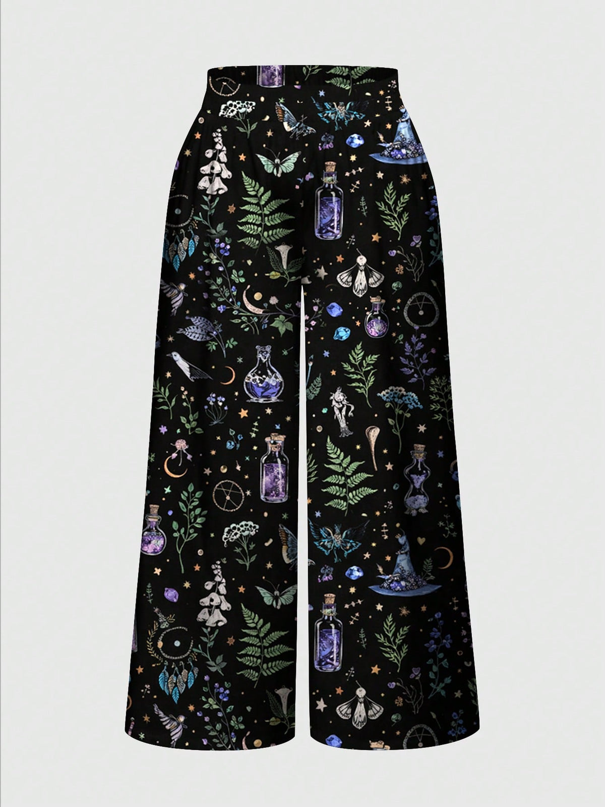 Women's plus size black gothic wide leg pants with split thigh detail and celestial moth, sun, and star pattern.