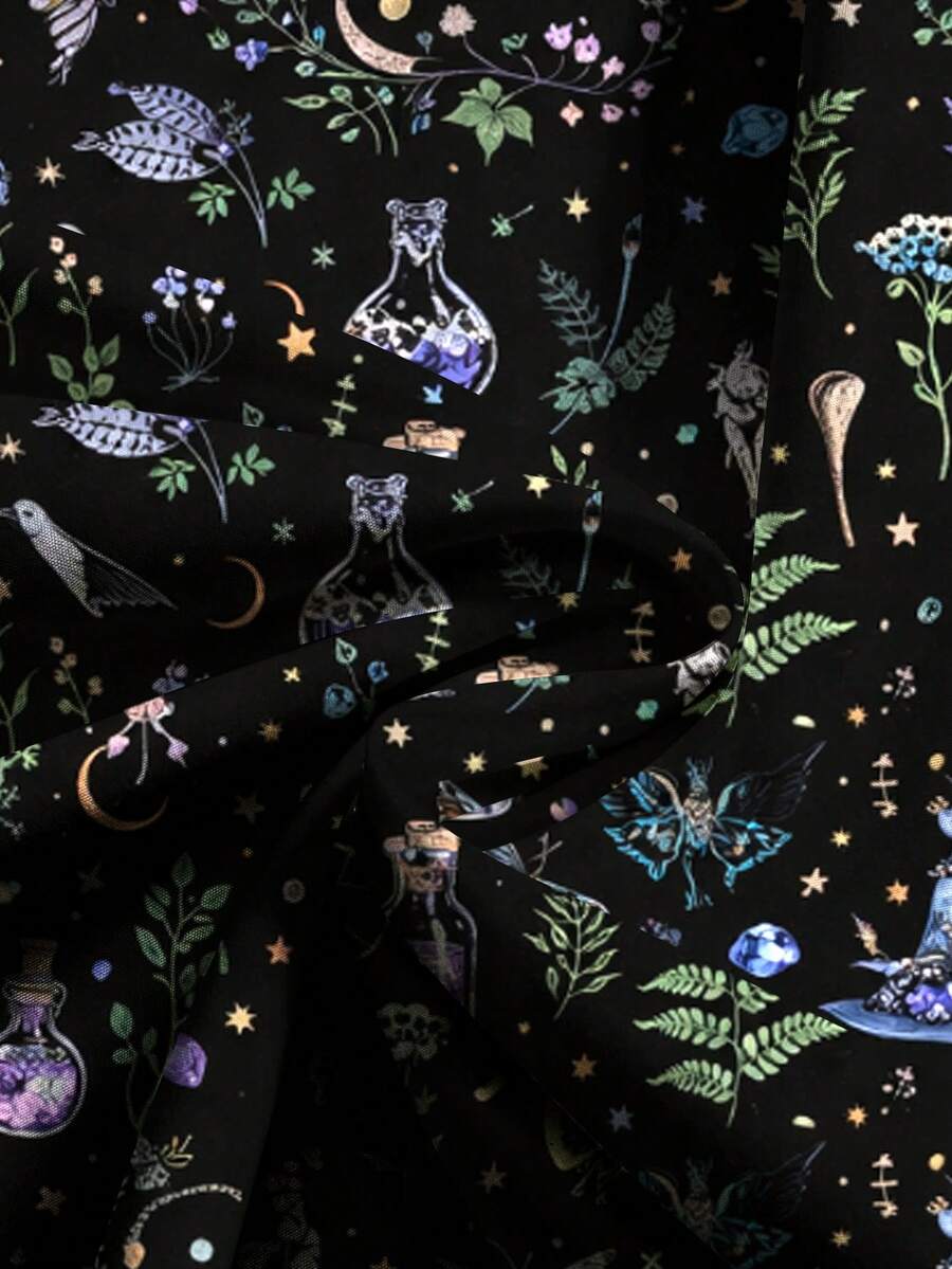 Women's plus size black gothic wide leg pants with split thigh detail and celestial moth, sun, and star pattern.