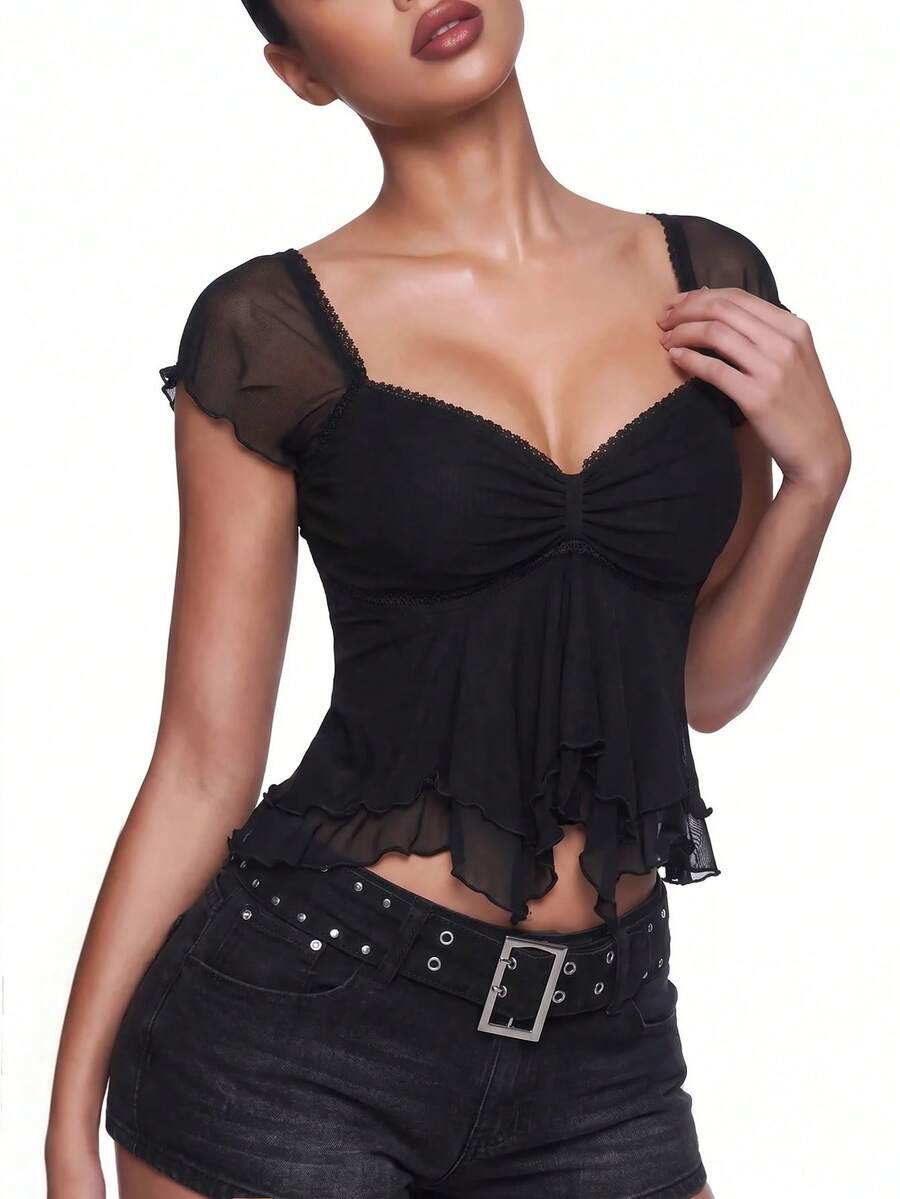Black slim fit women's ruched front camisole tank top featuring contrast mesh inserts, square neckline, and an asymmetrical crop hem.