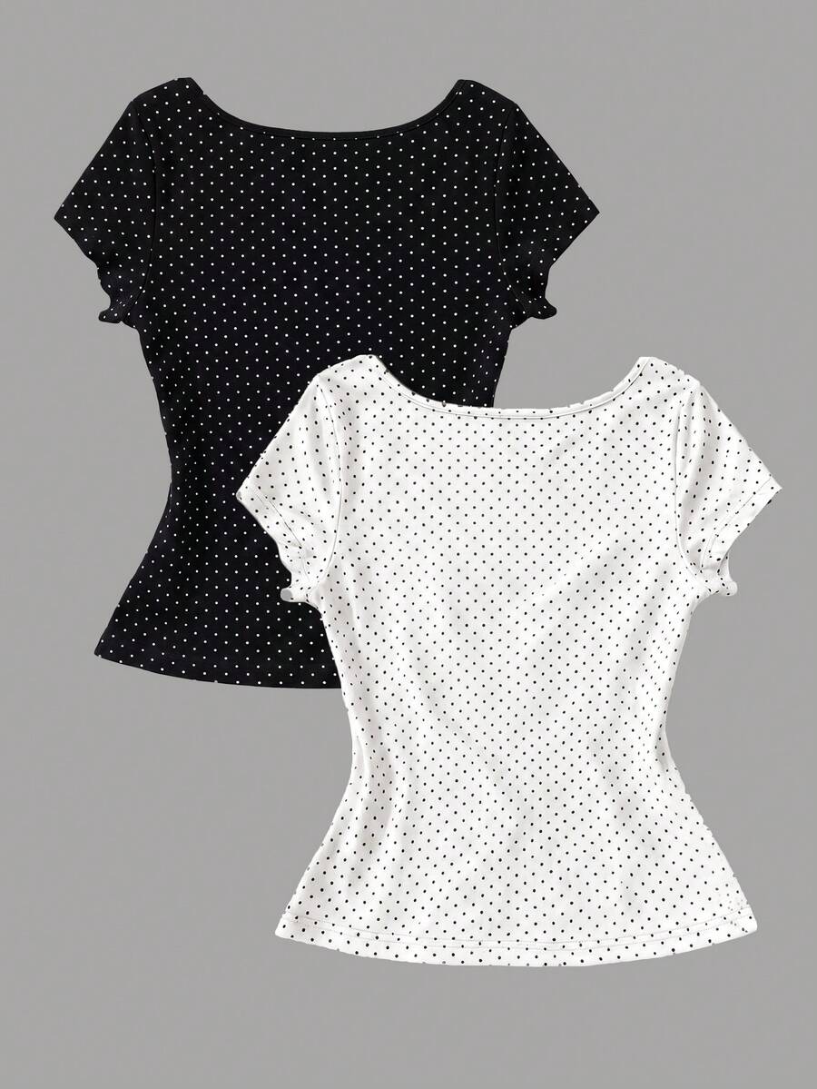 Women's short sleeve fitted t-shirt with a front knot detail, contrast collar, and raglan sleeves.