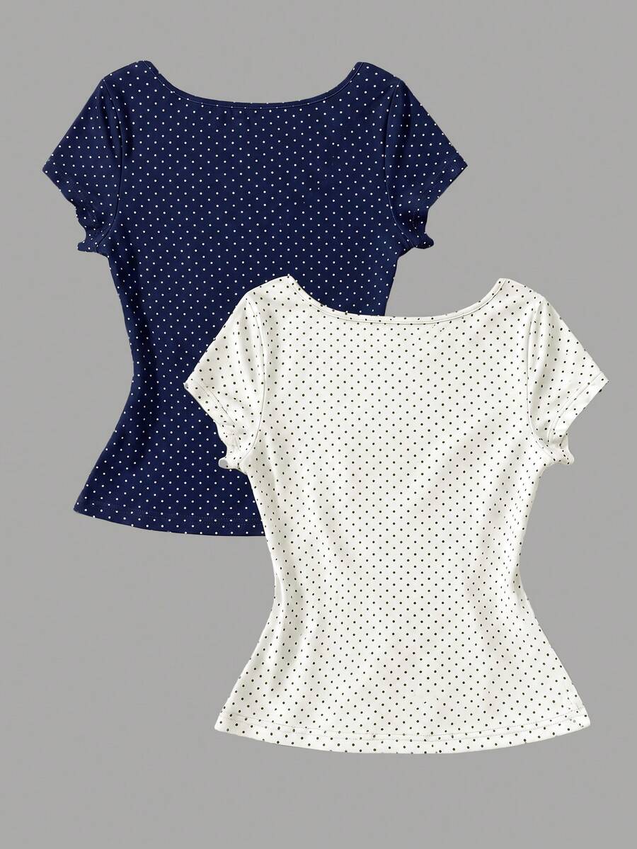 Women's short sleeve fitted t-shirt with a front knot detail, contrast collar, and raglan sleeves.