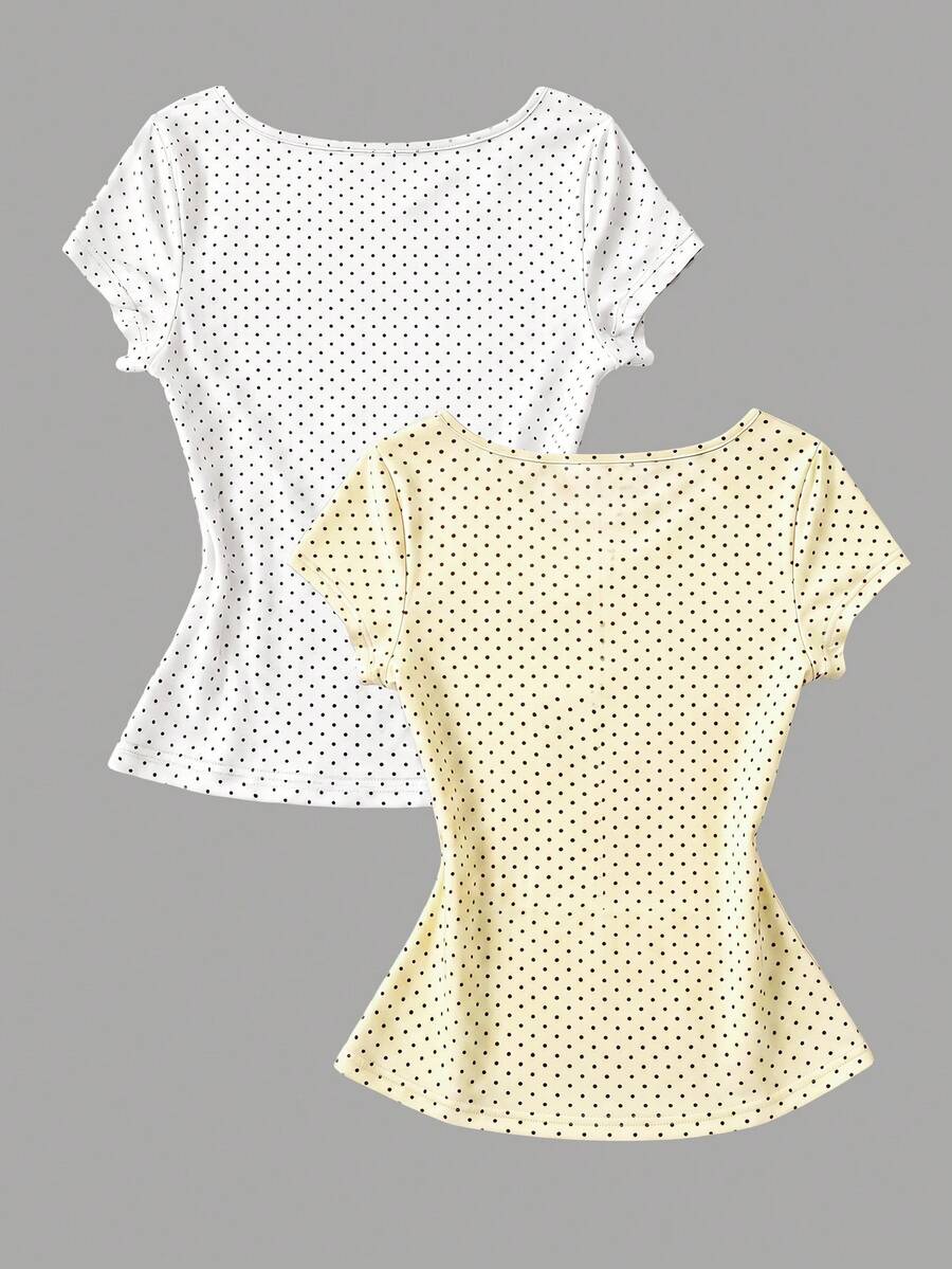 Women's short sleeve fitted t-shirt with a front knot detail, contrast collar, and raglan sleeves.