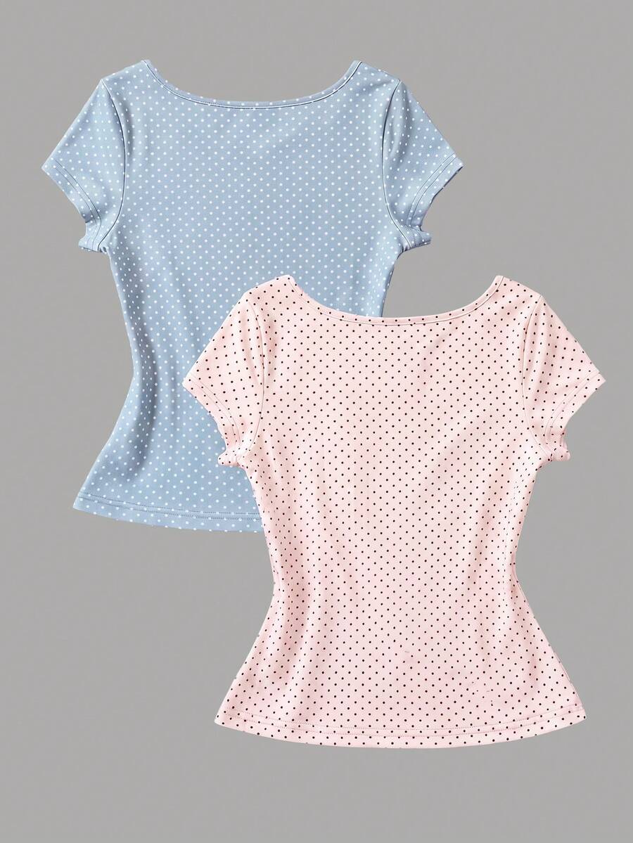 Women's short sleeve fitted t-shirt with a front knot detail, contrast collar, and raglan sleeves.