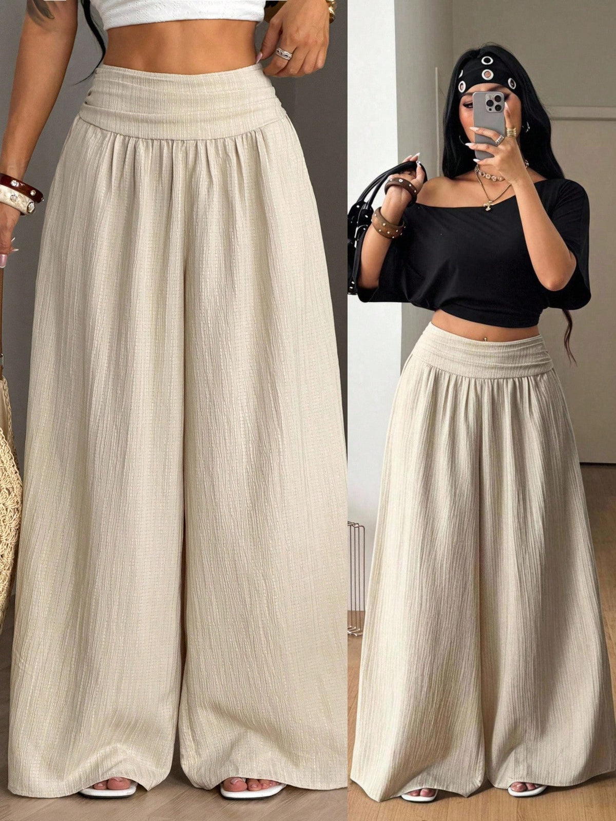 Women's plus size high-waist pleated wide leg pants in textured woven fabric with pockets