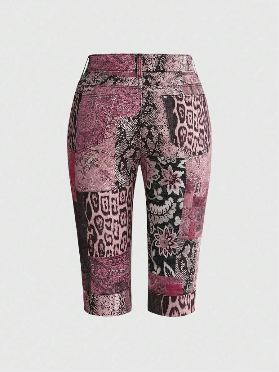 Women's skinny denim capri pants featuring an allover leopard and floral print with button and zipper closure