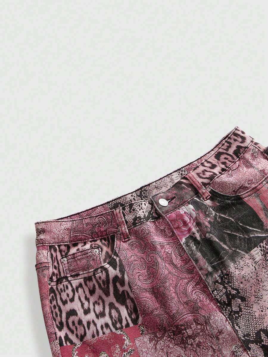 Women's skinny denim capri pants featuring an allover leopard and floral print with button and zipper closure