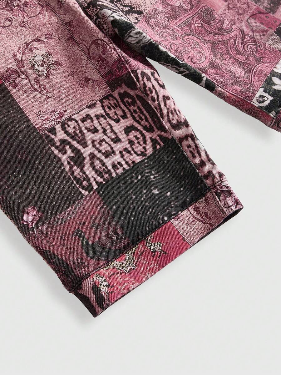 Women's skinny denim capri pants featuring an allover leopard and floral print with button and zipper closure