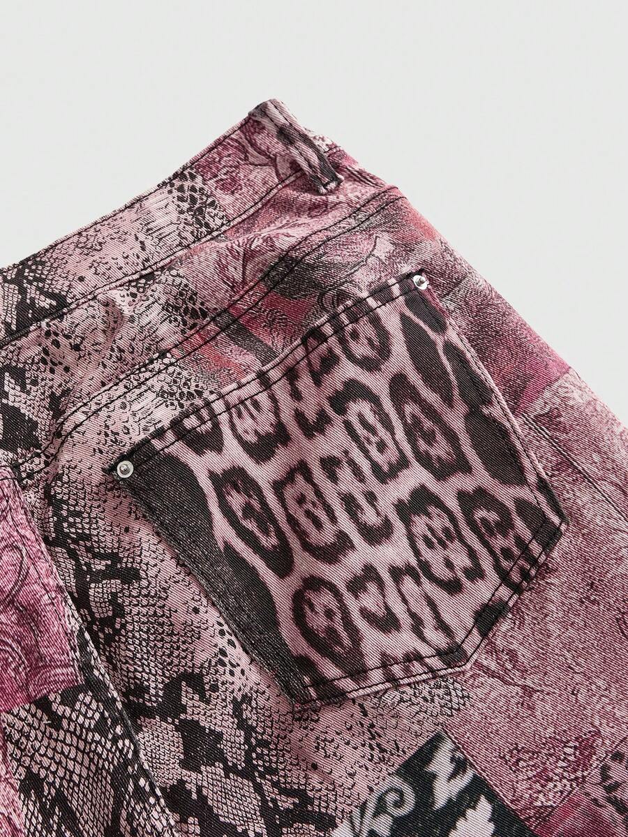 Women's skinny denim capri pants featuring an allover leopard and floral print with button and zipper closure