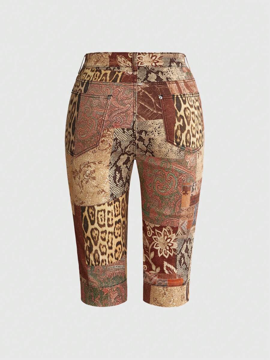 Women's skinny denim capri pants featuring an allover leopard and floral print with button and zipper closure