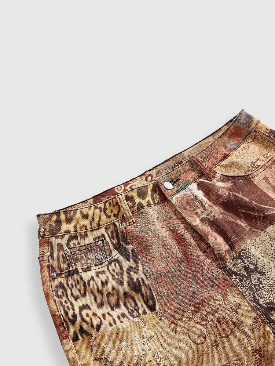Women's skinny denim capri pants featuring an allover leopard and floral print with button and zipper closure
