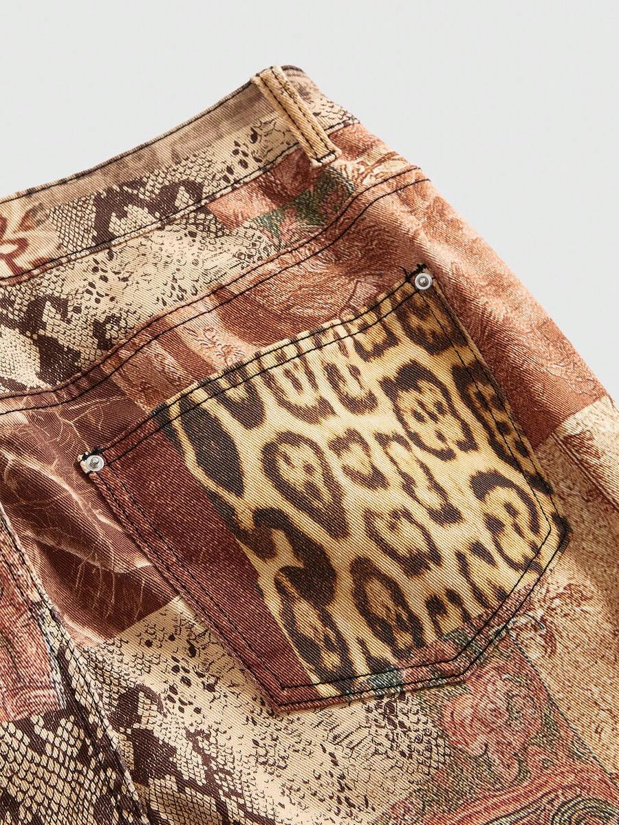 Women's skinny denim capri pants featuring an allover leopard and floral print with button and zipper closure
